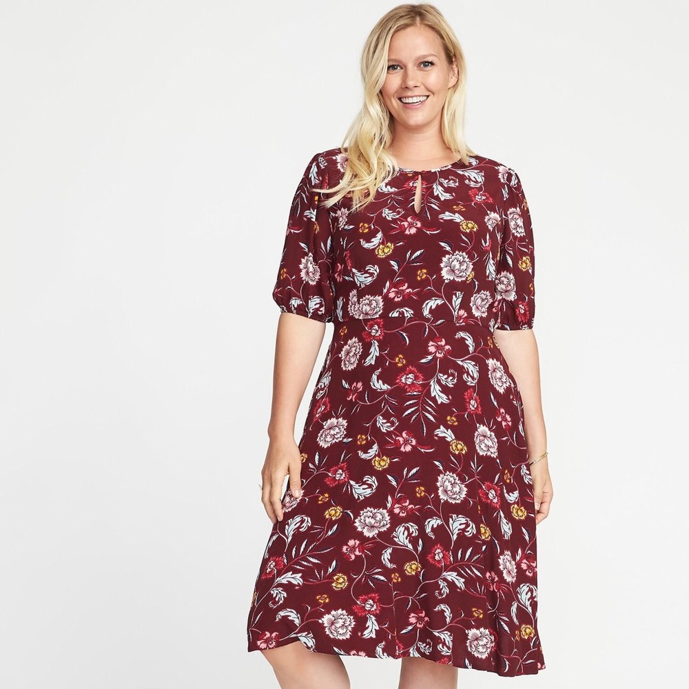 Old Navy Burgundy Floral Fit & Flare Midi Dress 2X